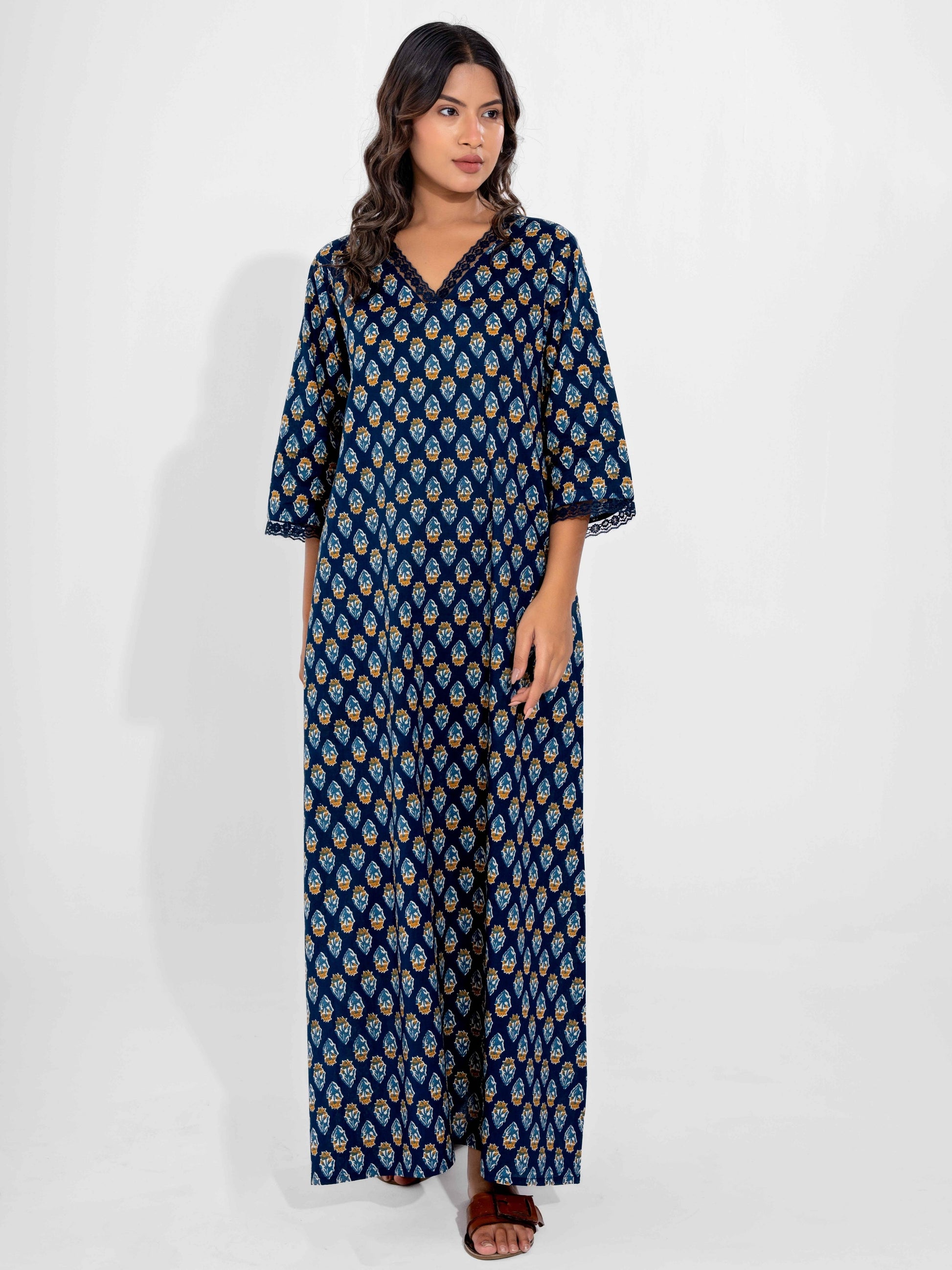 Blue Buti Pure Cotton V Neck Night Maxi