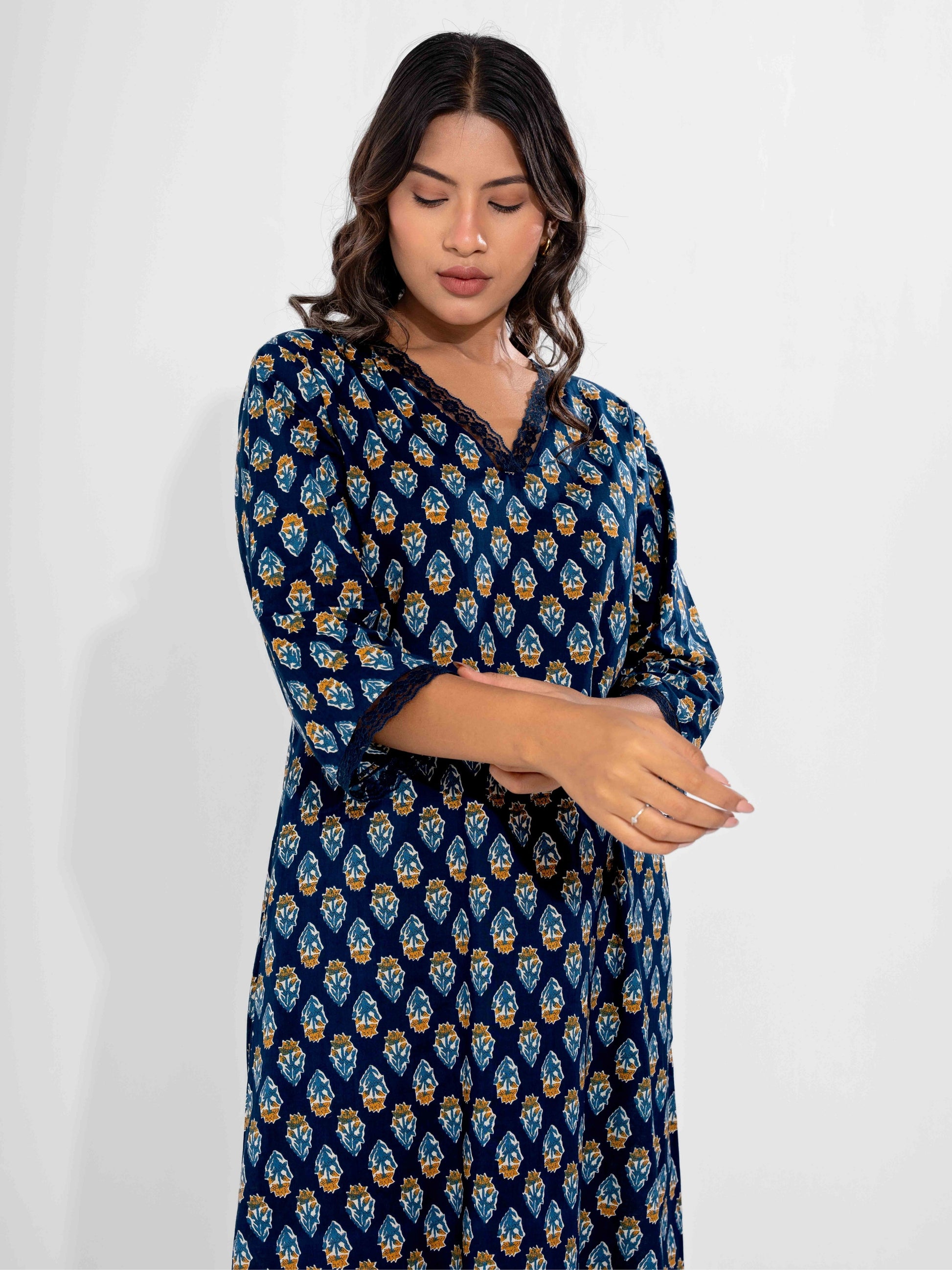 Blue Buti Pure Cotton V Neck Night Maxi