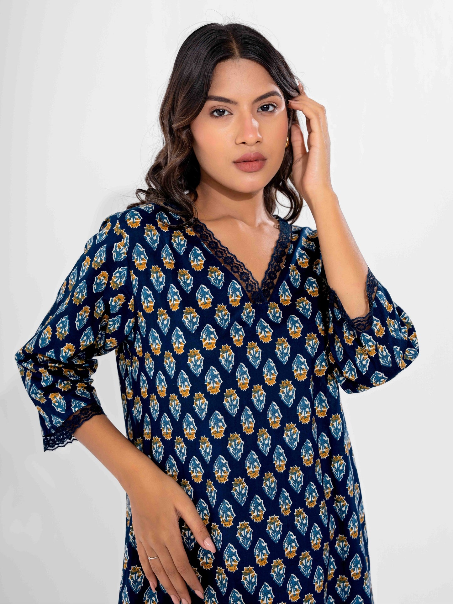 Blue Buti Pure Cotton V Neck Night Maxi