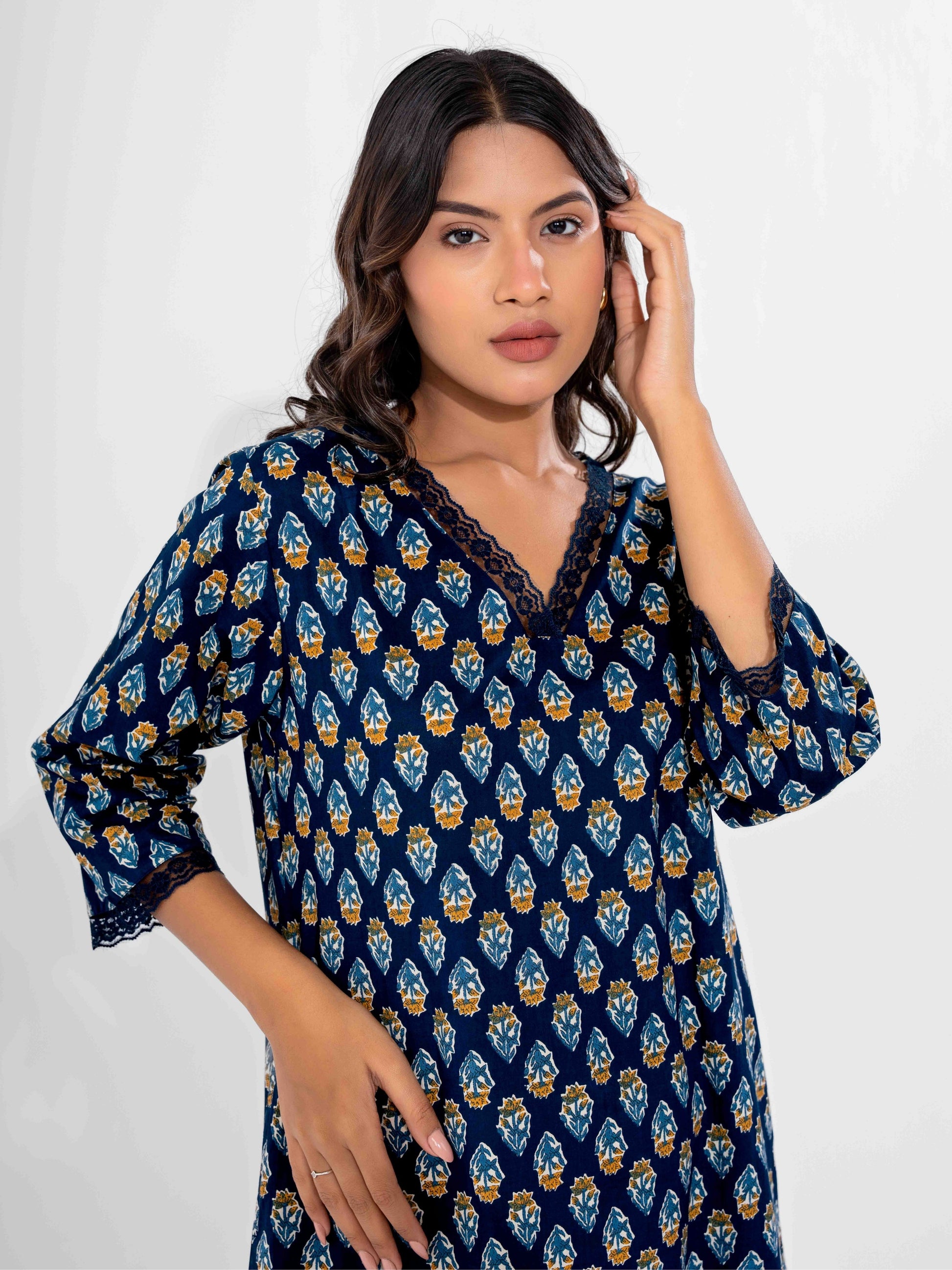 Blue Buti Pure Cotton V Neck Night Maxi