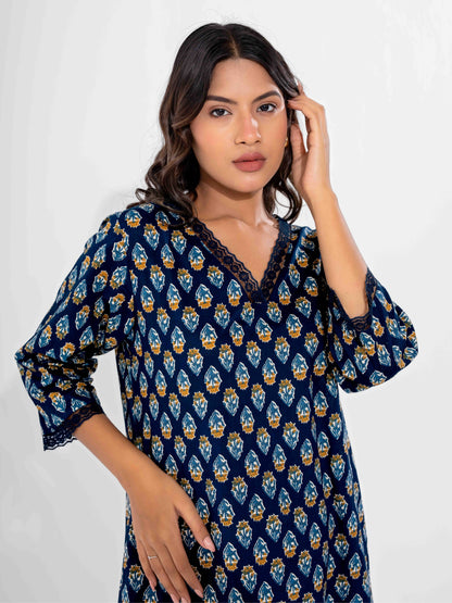 Blue Buti Pure Cotton V Neck Night Maxi