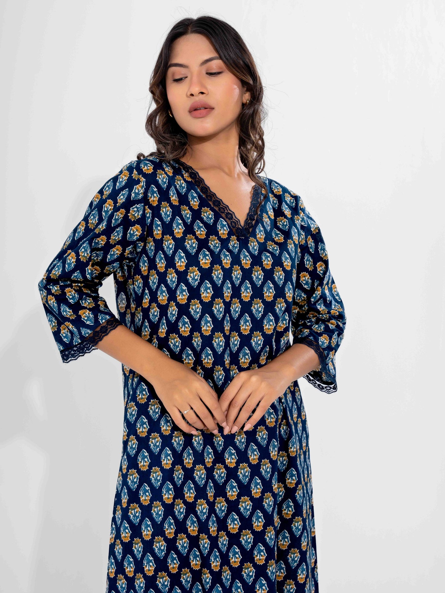 Blue Buti Pure Cotton V Neck Night Maxi