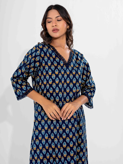Blue Buti Pure Cotton V Neck Night Maxi