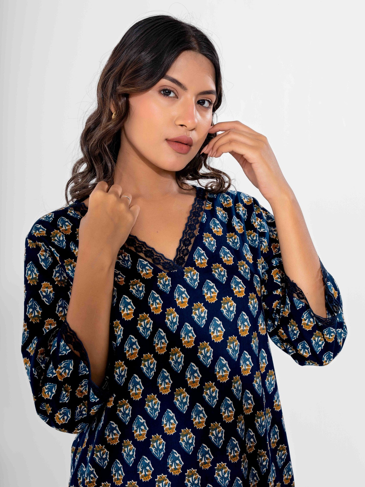 Blue Buti Pure Cotton V Neck Night Maxi