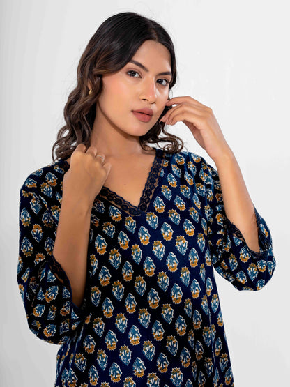 Blue Buti Pure Cotton V Neck Night Maxi