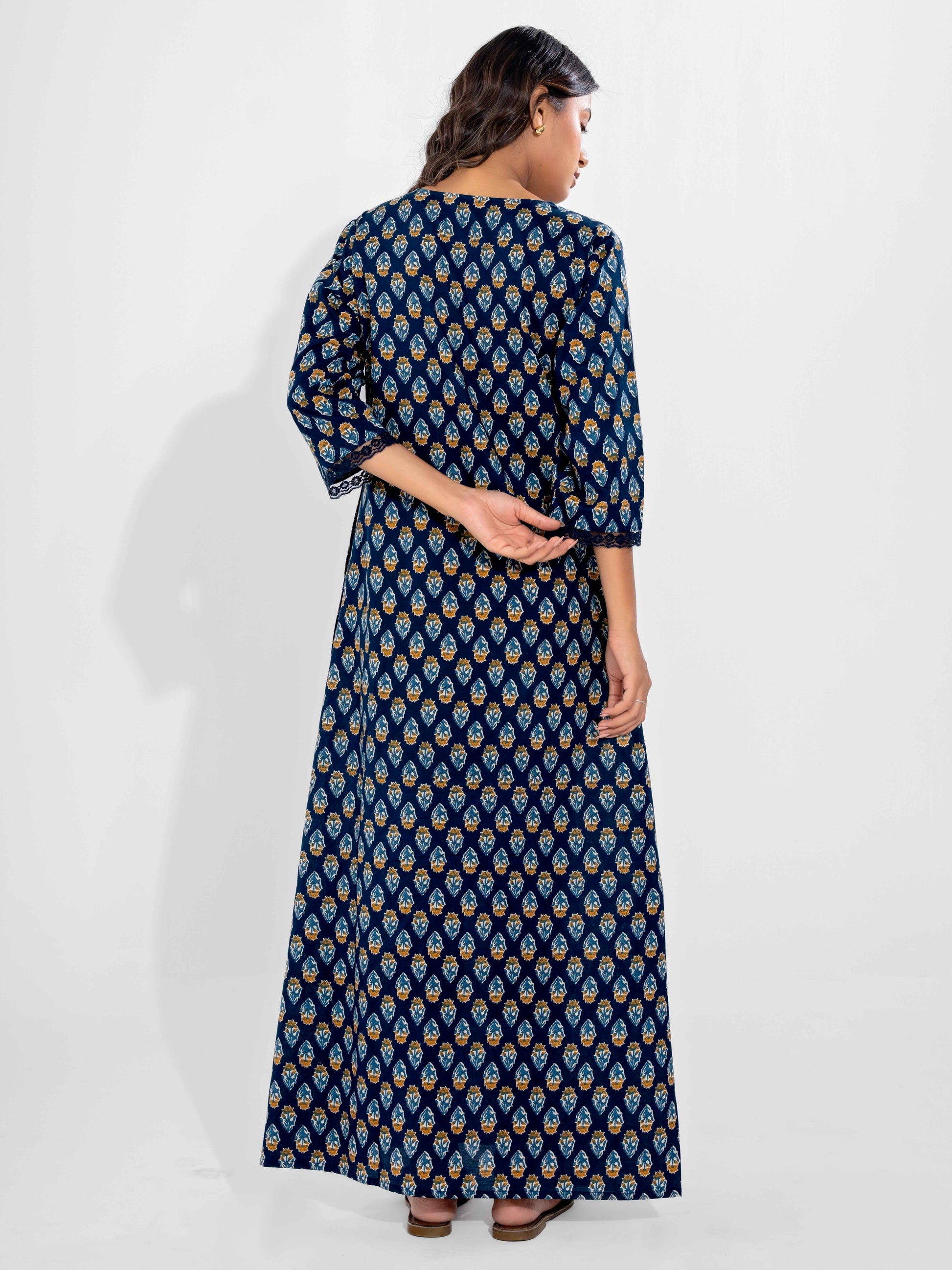 Blue Buti Pure Cotton V Neck Night Maxi