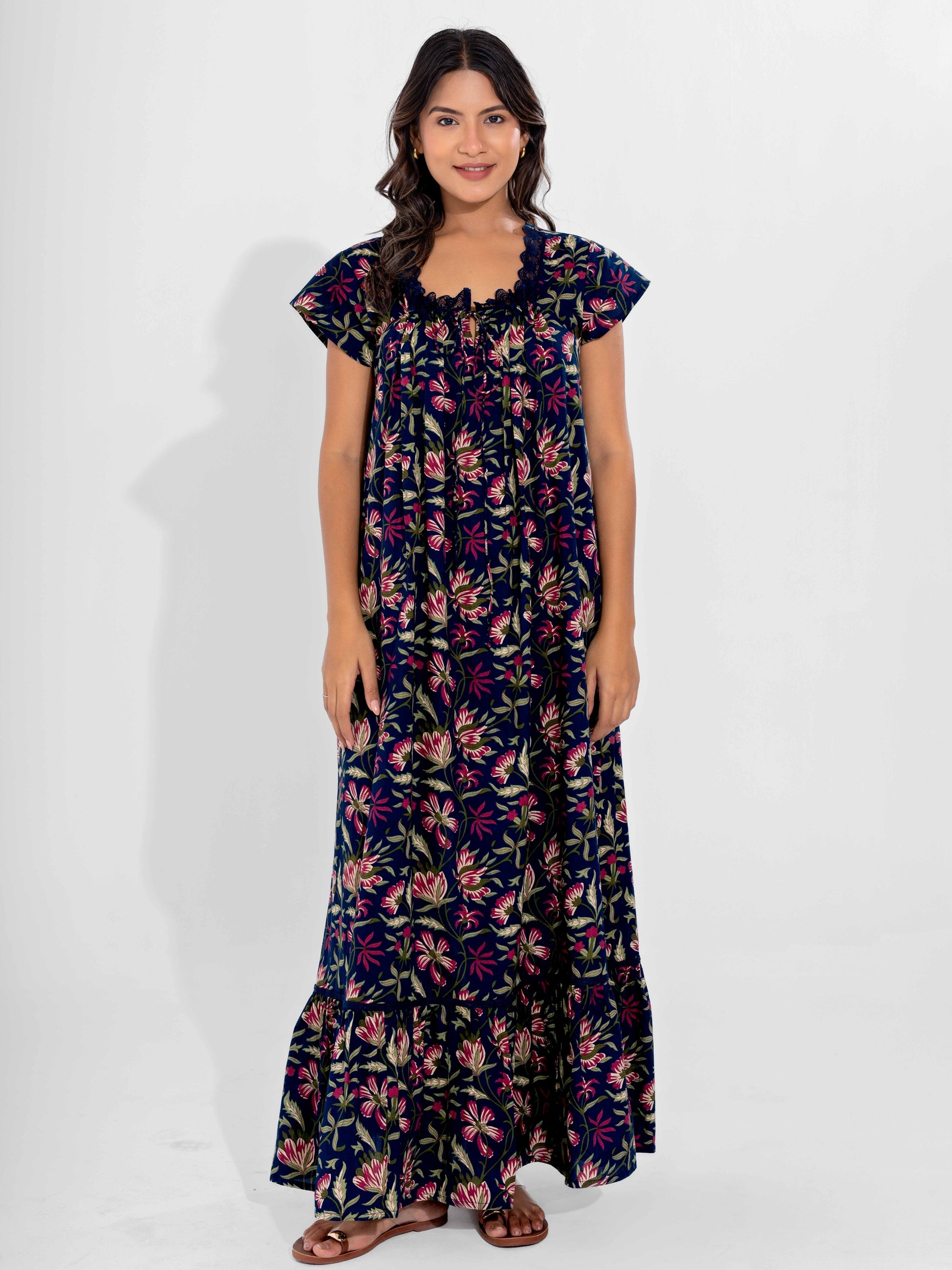 Blue Jaal Pure Cotton Tieup Square Neck Night Maxi