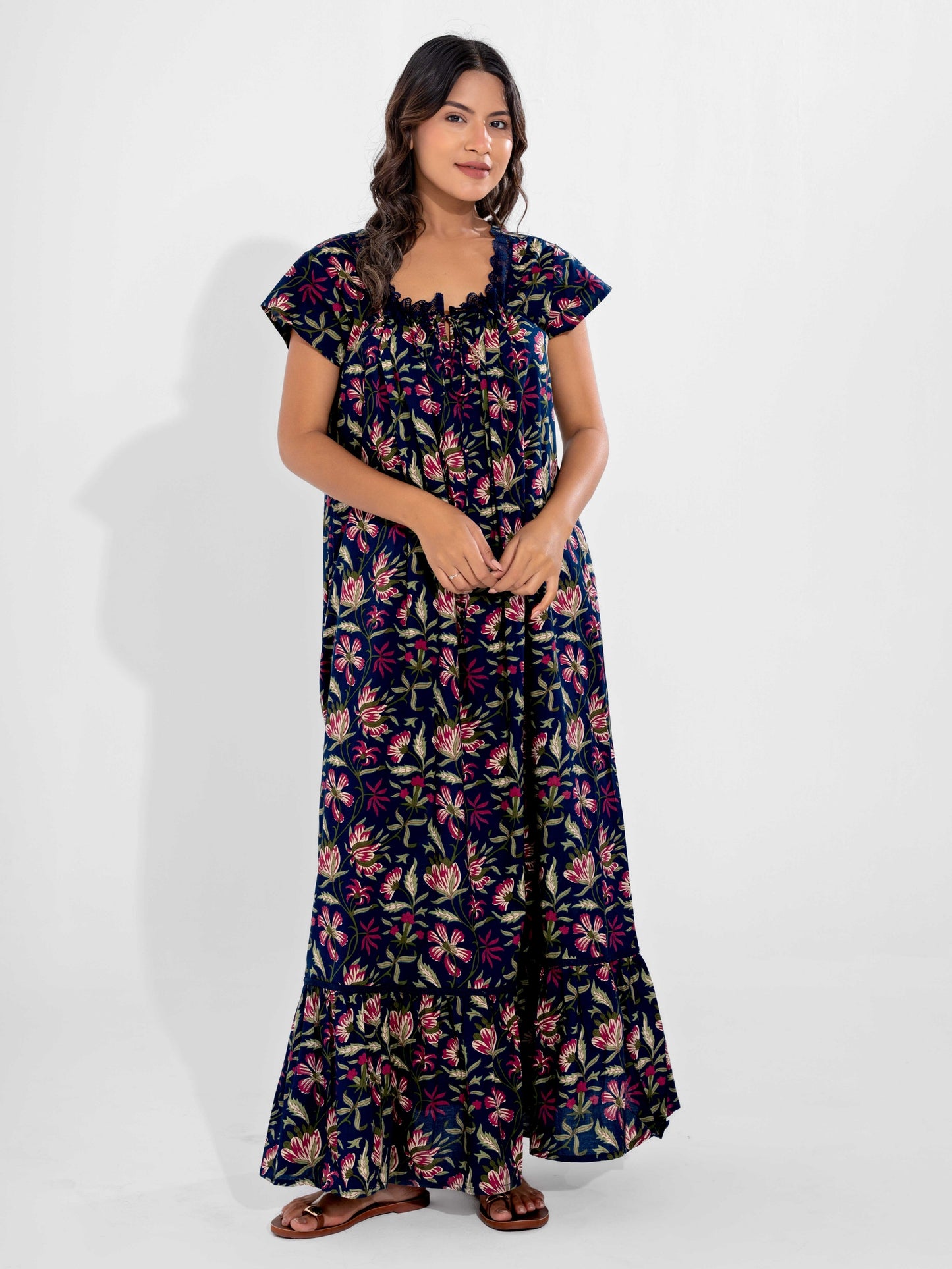 Blue Jaal Pure Cotton Tieup Square Neck Night Maxi