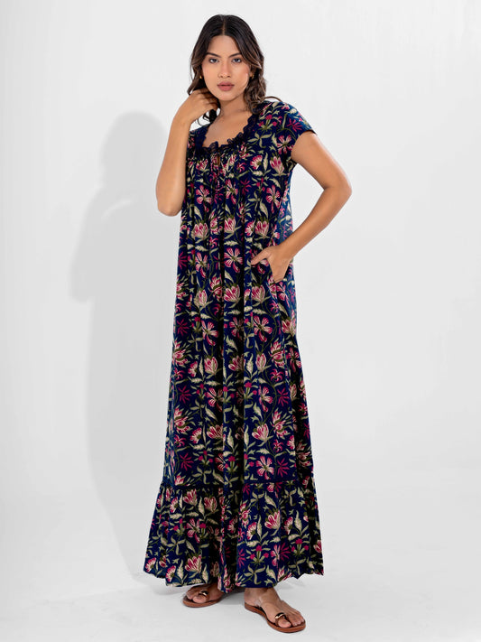 Blue Jaal Pure Cotton Tieup Square Neck Night Maxi