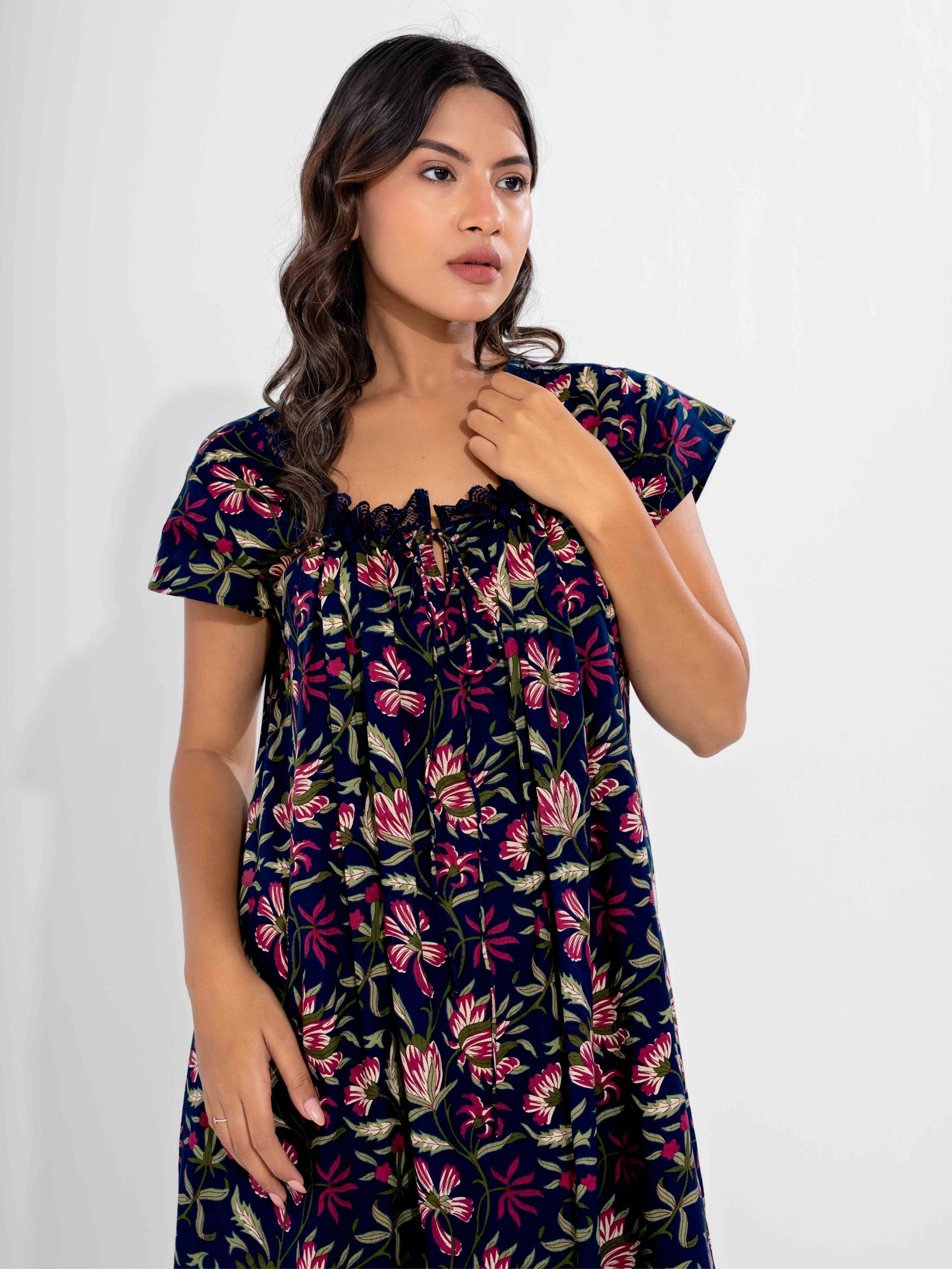 Blue Jaal Pure Cotton Tieup Square Neck Night Maxi