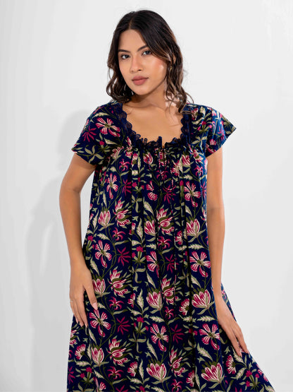 Blue Jaal Pure Cotton Tieup Square Neck Night Maxi