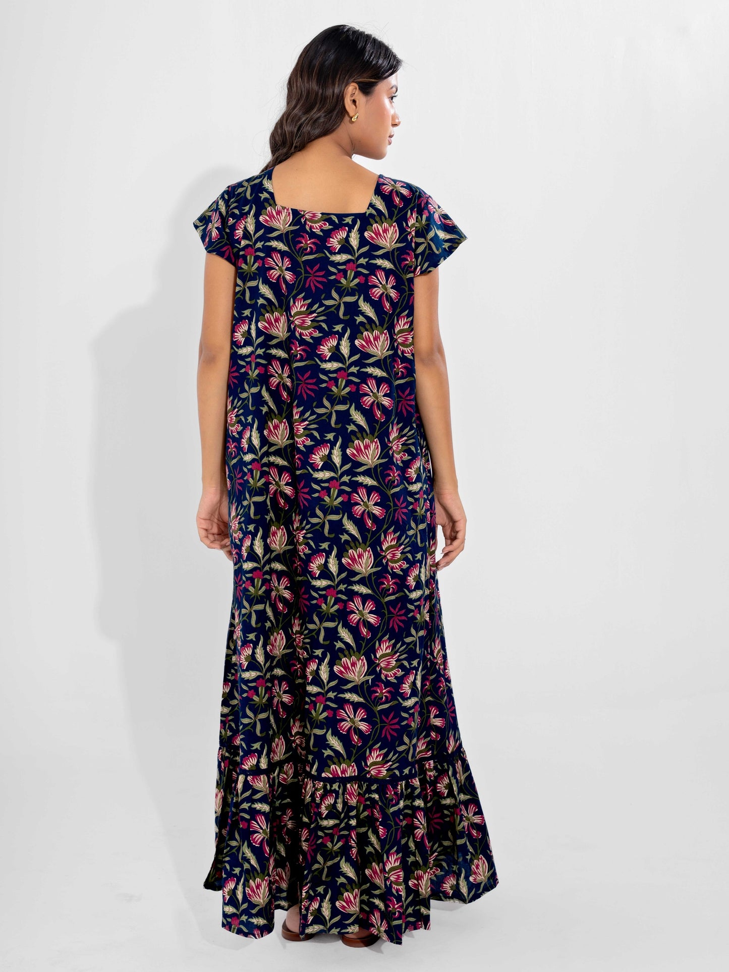 Blue Jaal Pure Cotton Tieup Square Neck Night Maxi
