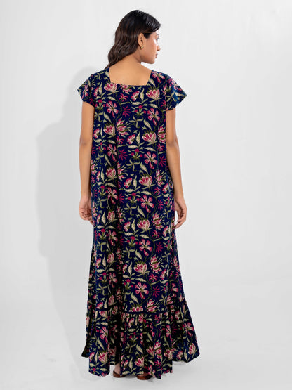 Blue Jaal Pure Cotton Tieup Square Neck Night Maxi