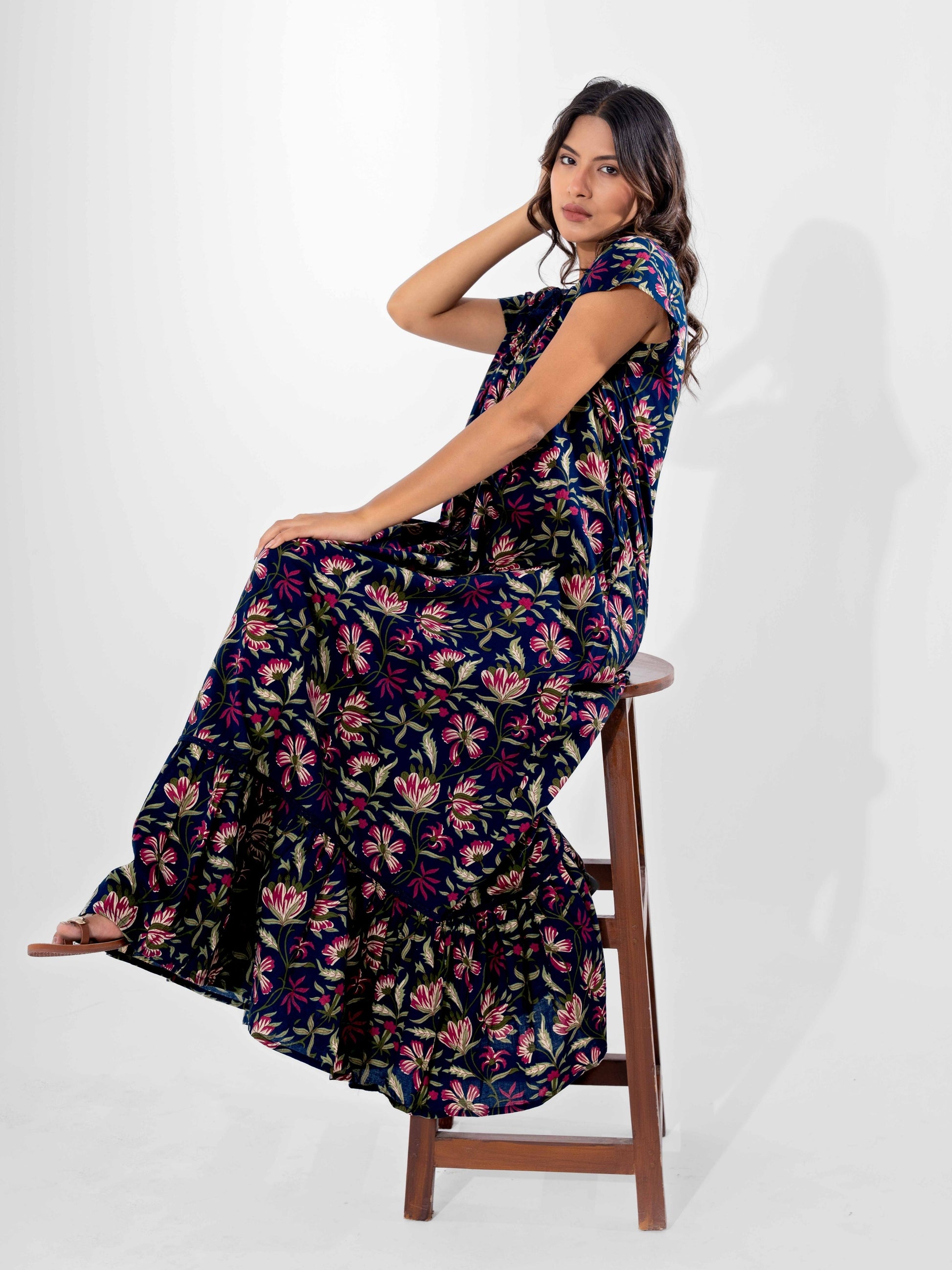 Blue Jaal Pure Cotton Tieup Square Neck Night Maxi