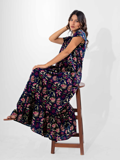 Blue Jaal Pure Cotton Tieup Square Neck Night Maxi