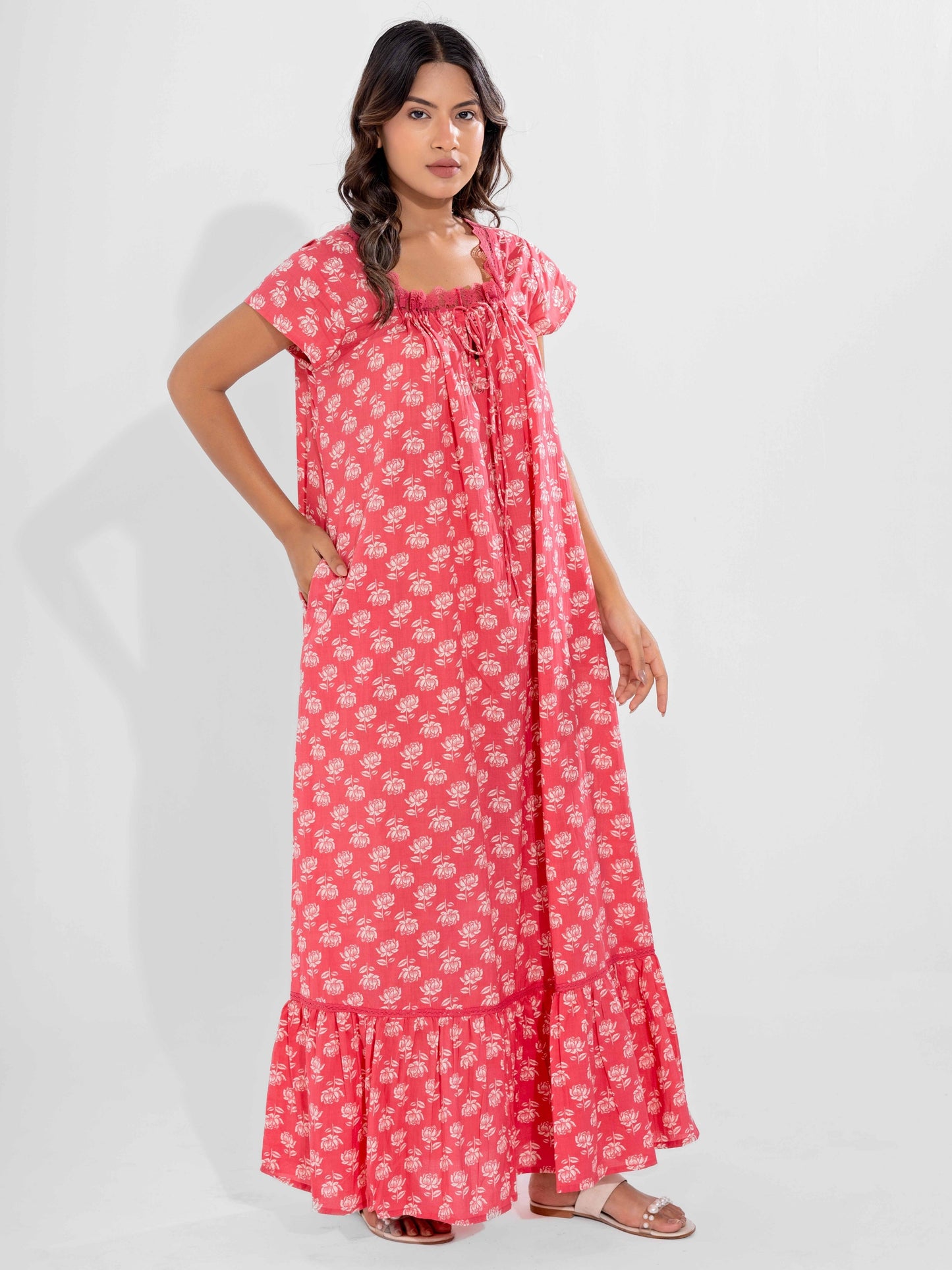 Peach Muse Pure Cotton Tie-Up Square Neck Night Maxi