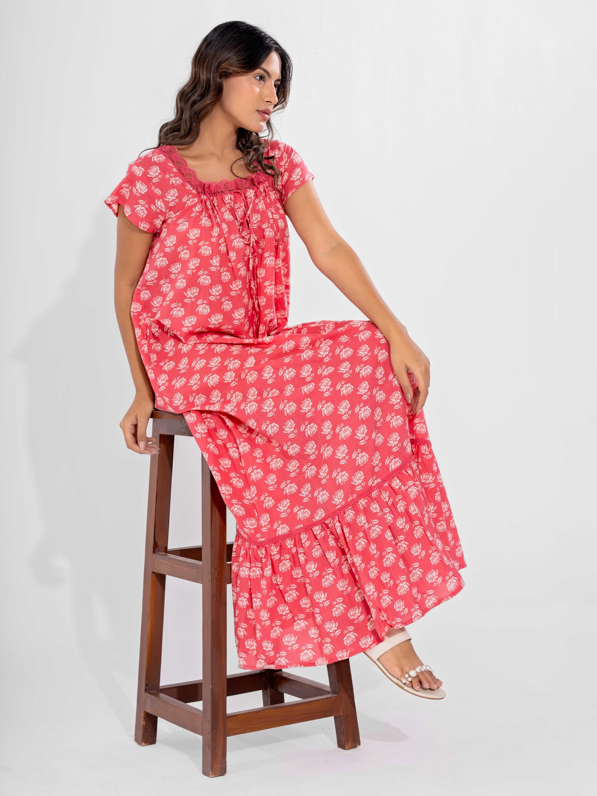 Peach Muse Pure Cotton Tie-Up Square Neck Night Maxi