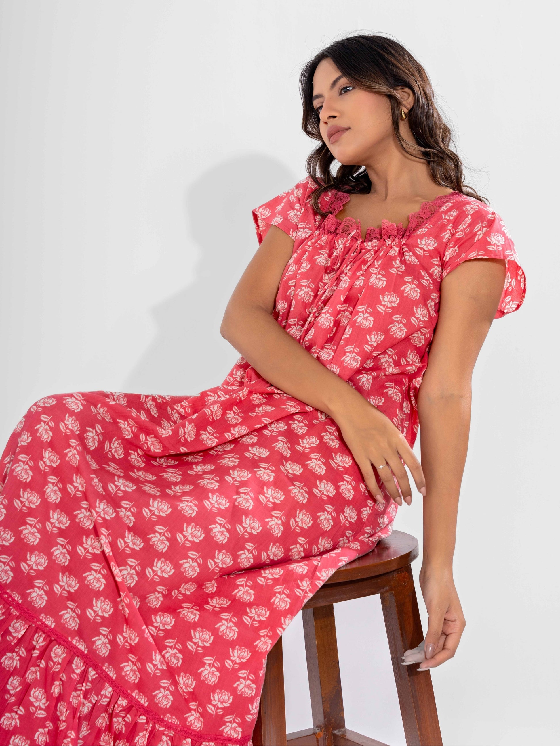 Peach Muse Pure Cotton Tie-Up Square Neck Night Maxi