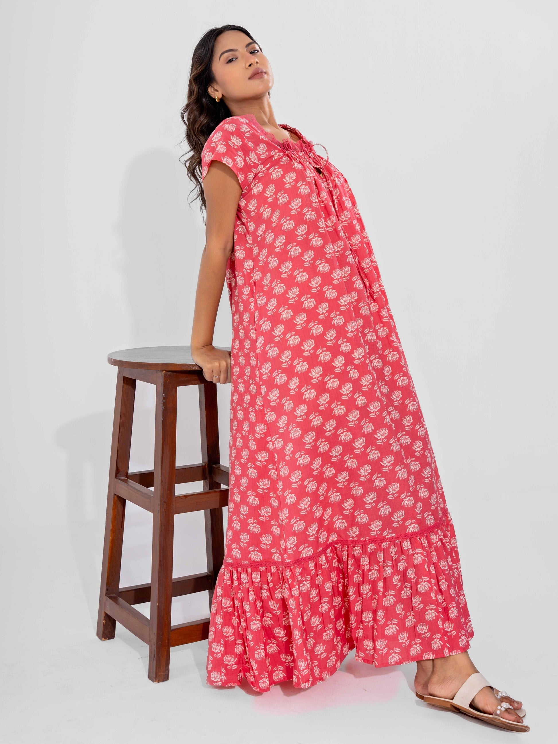 Peach Muse Pure Cotton Tie-Up Square Neck Night Maxi
