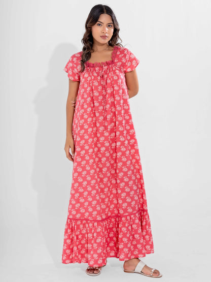 Peach Muse Pure Cotton Tie-Up Square Neck Night Maxi