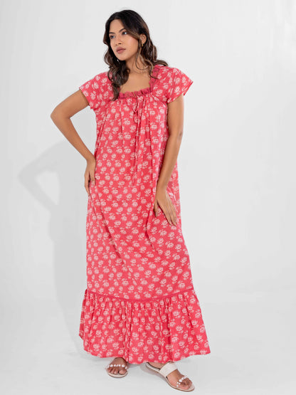 Peach Muse Pure Cotton Tie-Up Square Neck Night Maxi