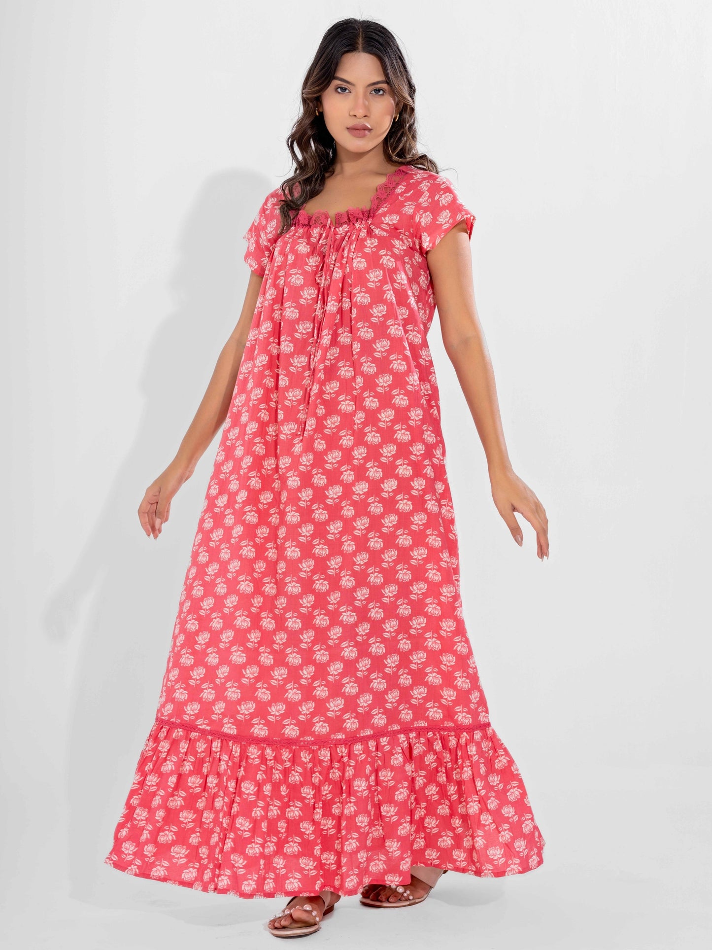 Peach Muse Pure Cotton Tie-Up Square Neck Night Maxi