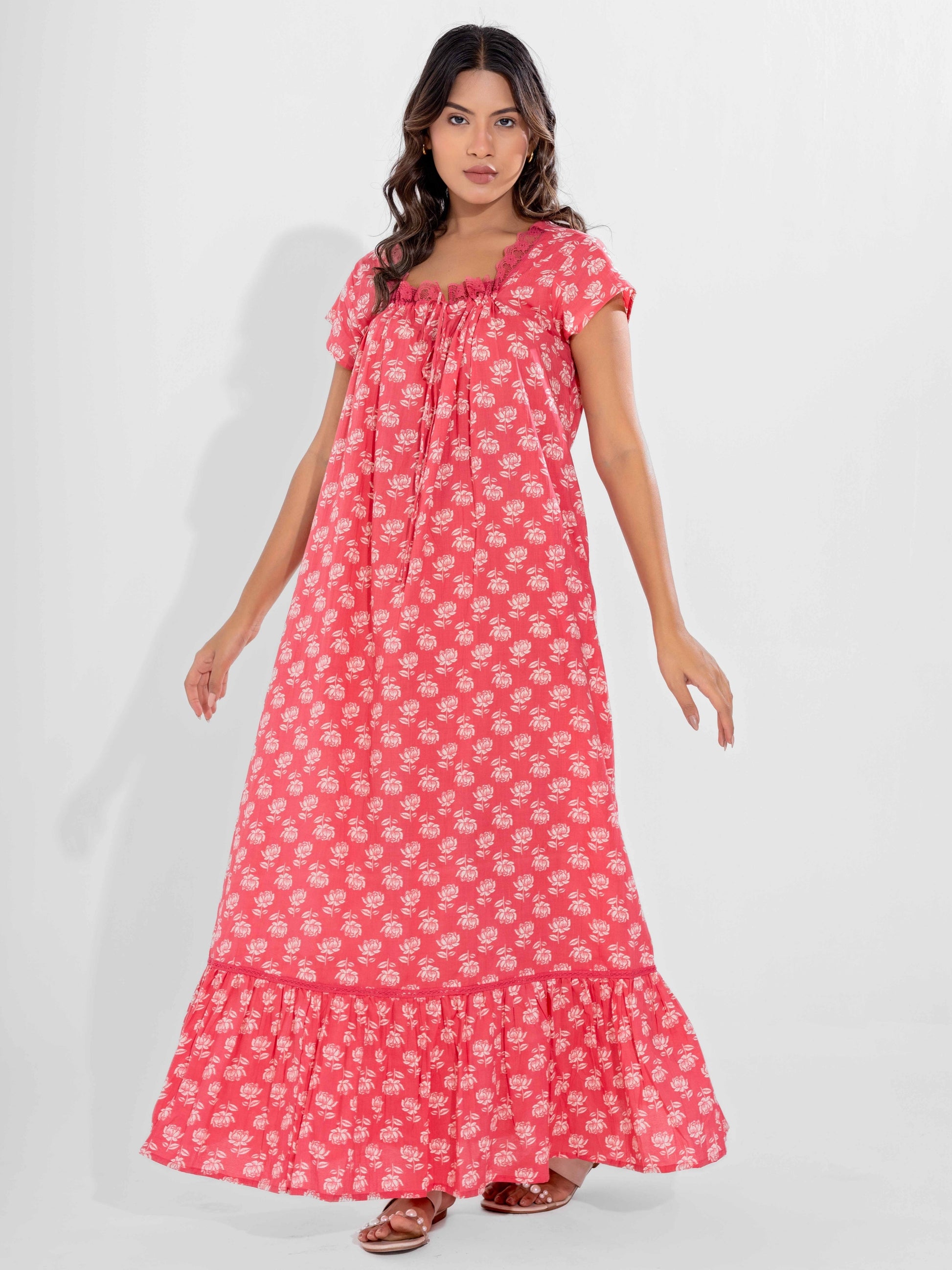 Peach Muse Pure Cotton Tie-Up Square Neck Night Maxi