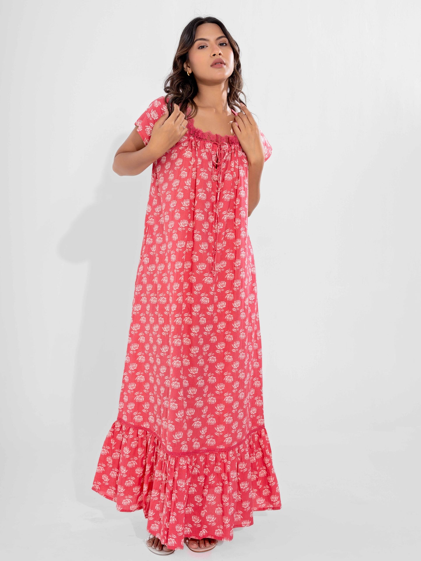 Peach Muse Pure Cotton Tie-Up Square Neck Night Maxi