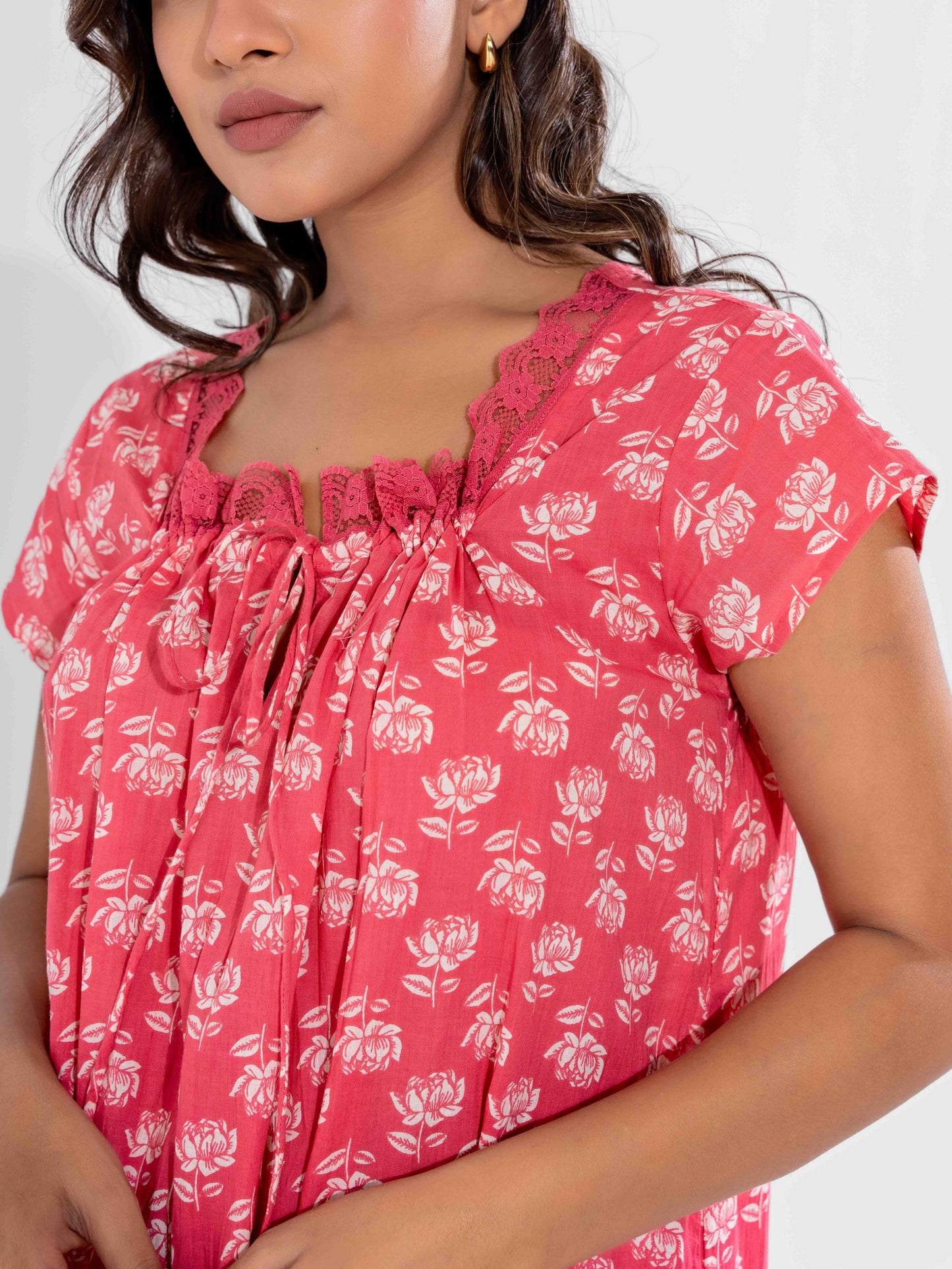 Peach Muse Pure Cotton Tie-Up Square Neck Night Maxi