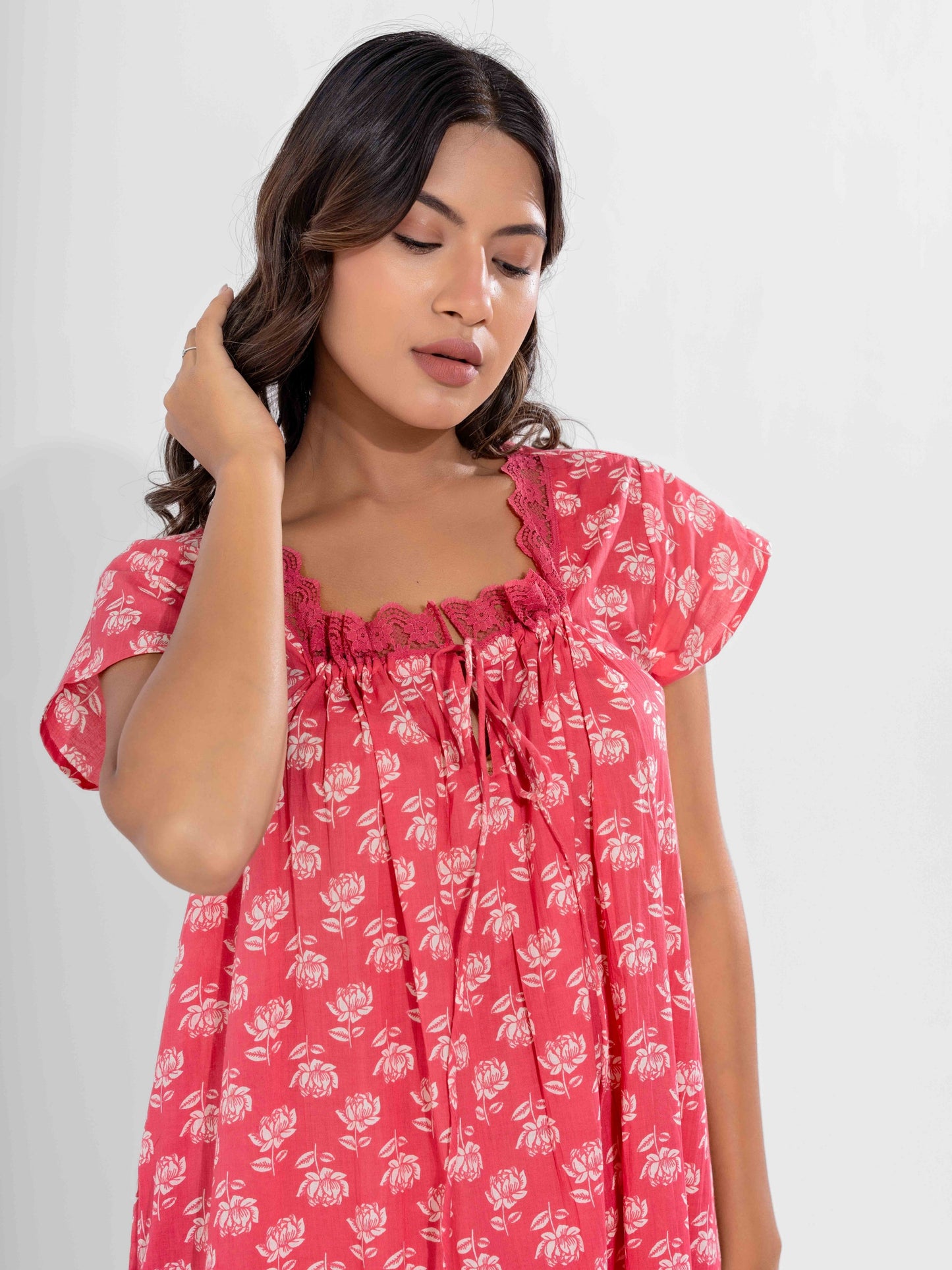 Peach Muse Pure Cotton Tie-Up Square Neck Night Maxi