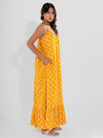 Yellow Fable Pure Cotton Ghera Night Maxi