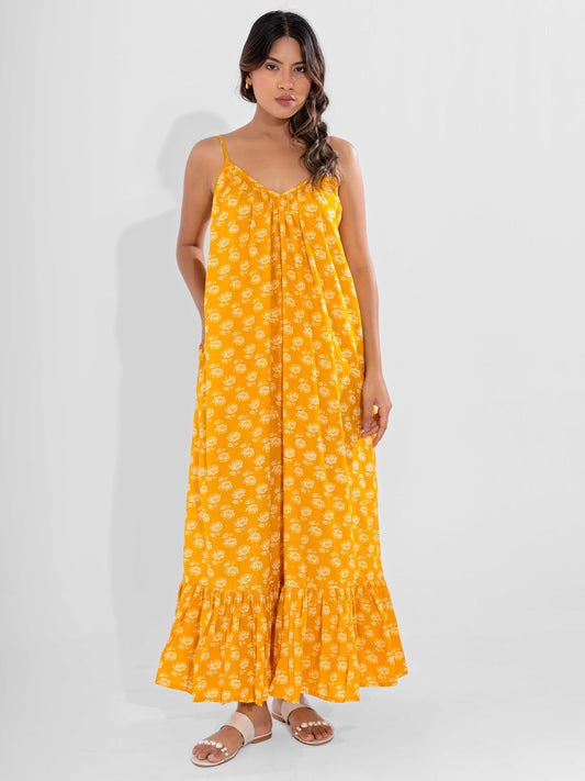 Yellow Fable Pure Cotton Ghera Night Maxi