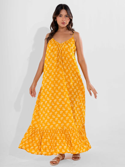 Yellow Fable Pure Cotton Ghera Night Maxi