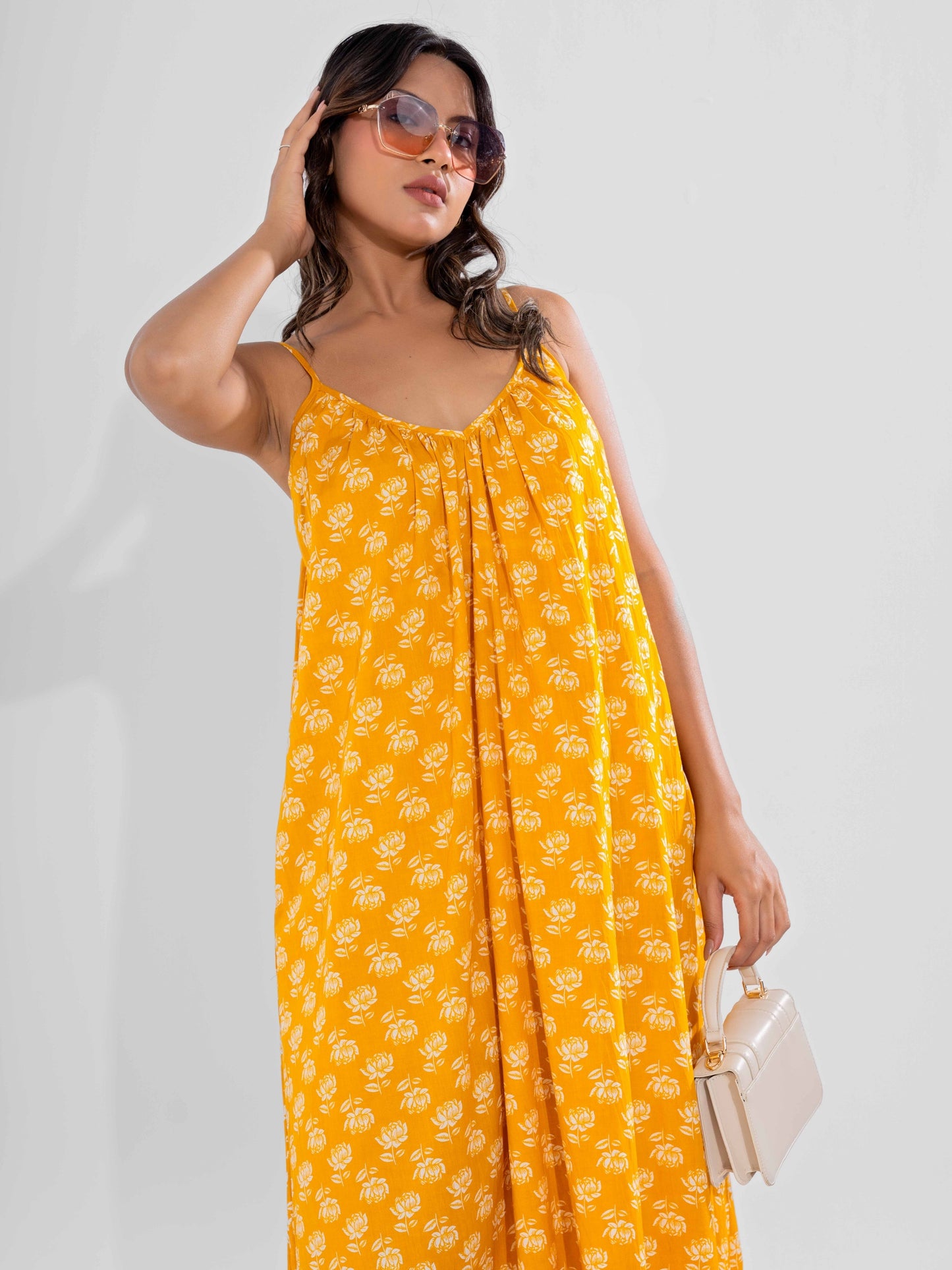 Yellow Fable Pure Cotton Ghera Night Maxi