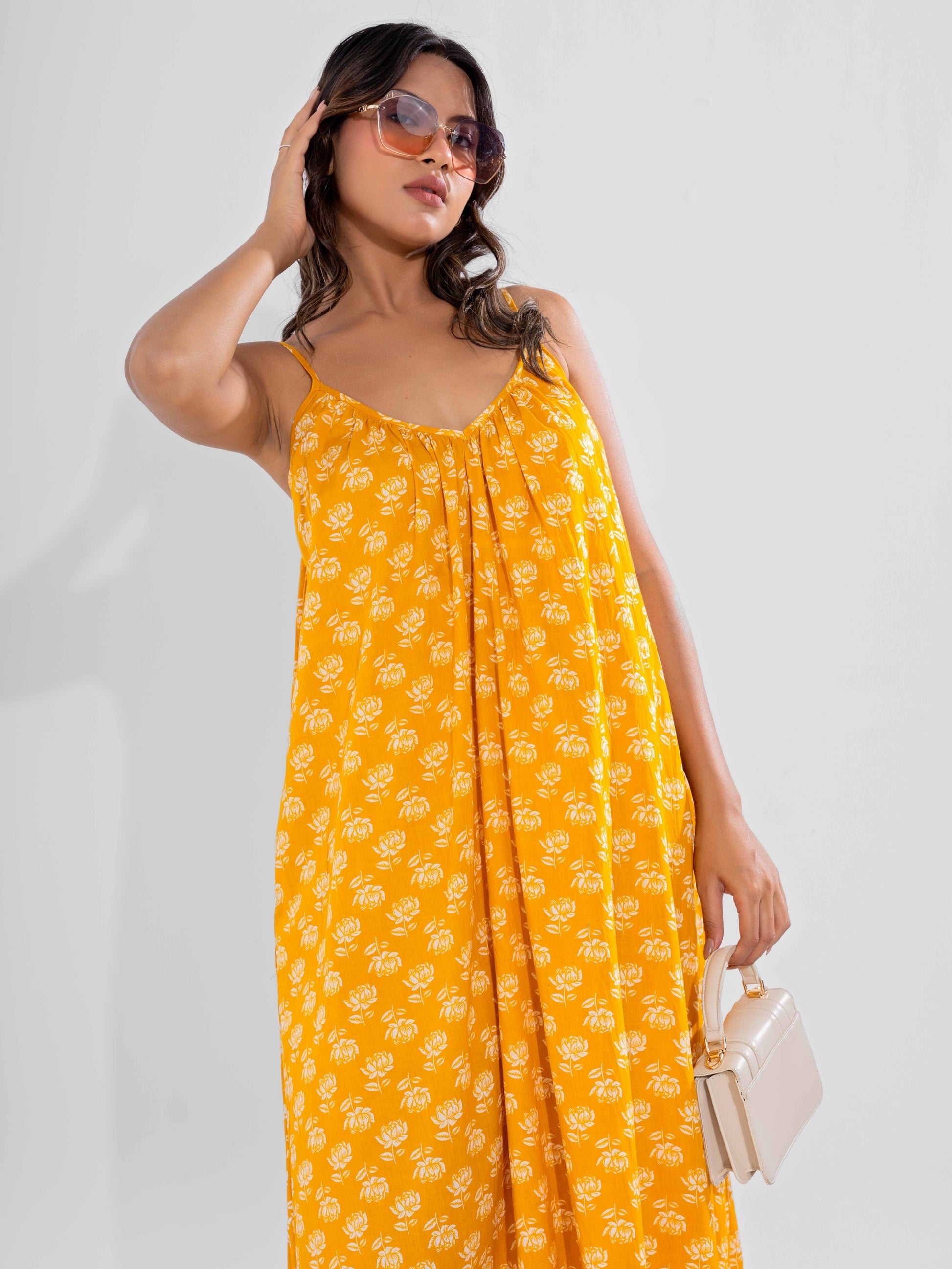 Yellow Fable Pure Cotton Ghera Night Maxi