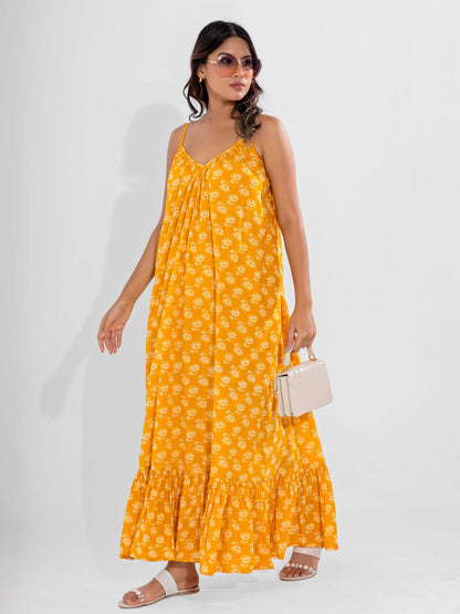 Yellow Fable Pure Cotton Ghera Night Maxi