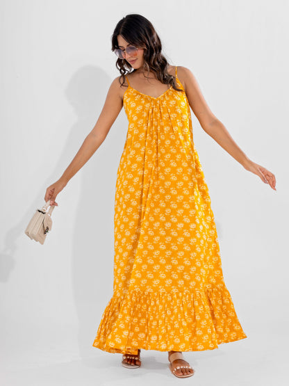 Yellow Fable Pure Cotton Ghera Night Maxi