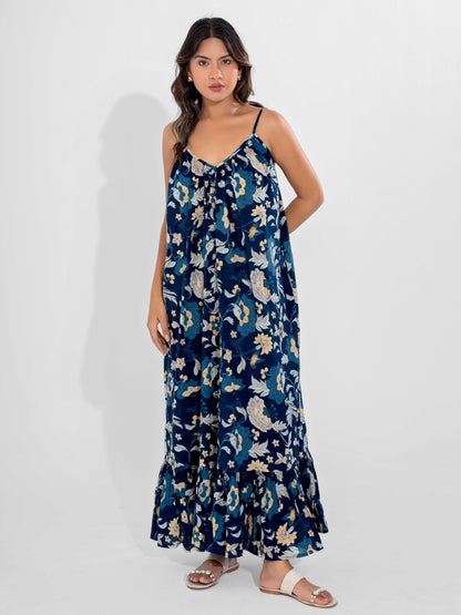 Blue Flowy Pure Cotton Ghera Night Maxi