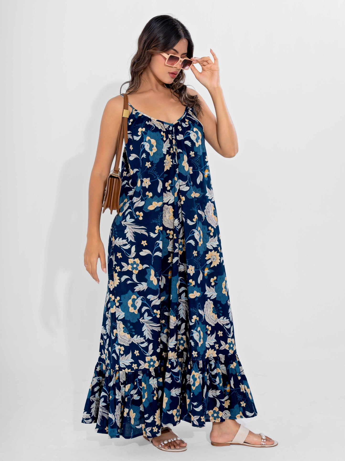 Blue Flowy Pure Cotton Ghera Night Maxi