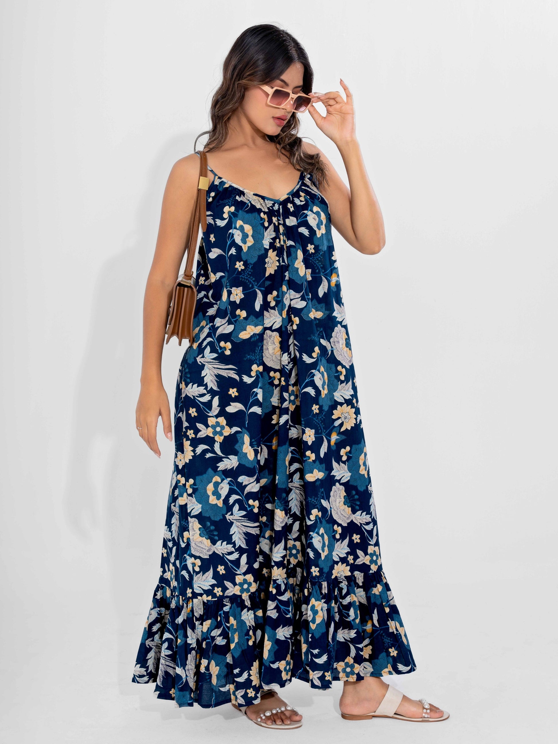 Blue Flowy Pure Cotton Ghera Night Maxi