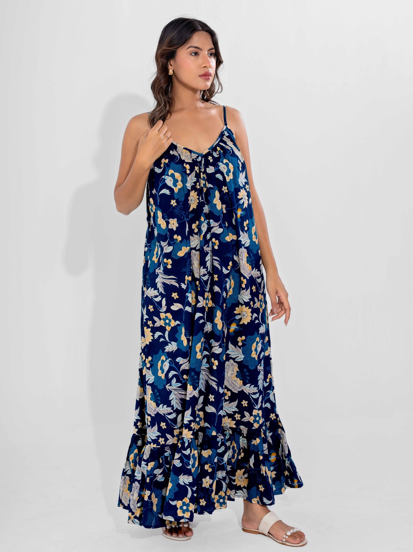 Blue Flowy Pure Cotton Ghera Night Maxi