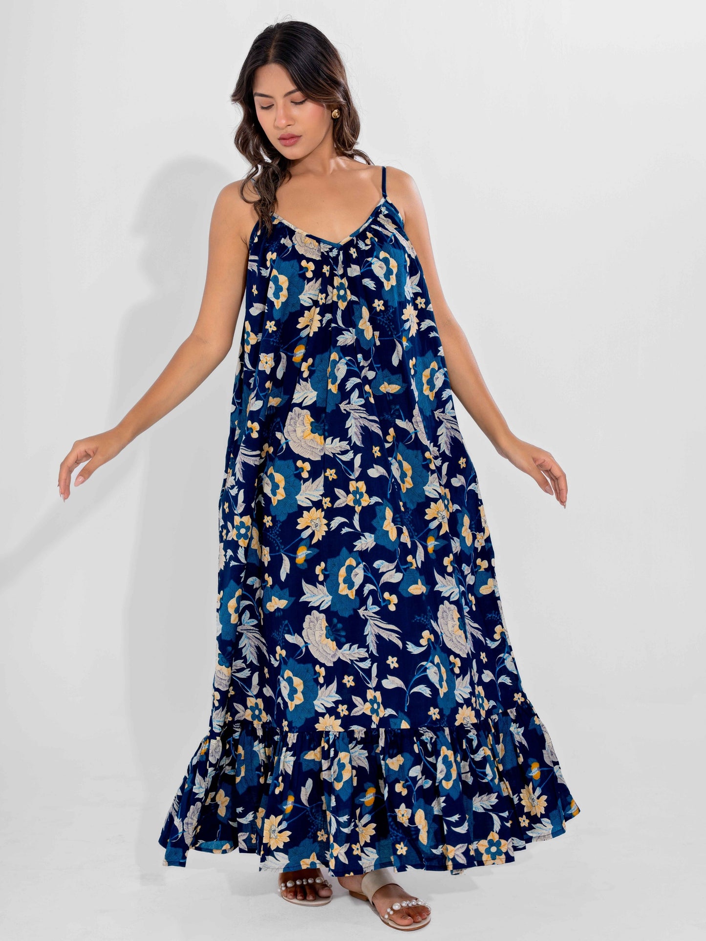 Blue Flowy Pure Cotton Ghera Night Maxi