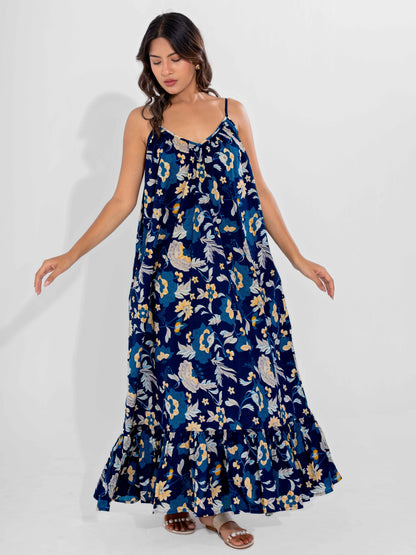 Blue Flowy Pure Cotton Ghera Night Maxi