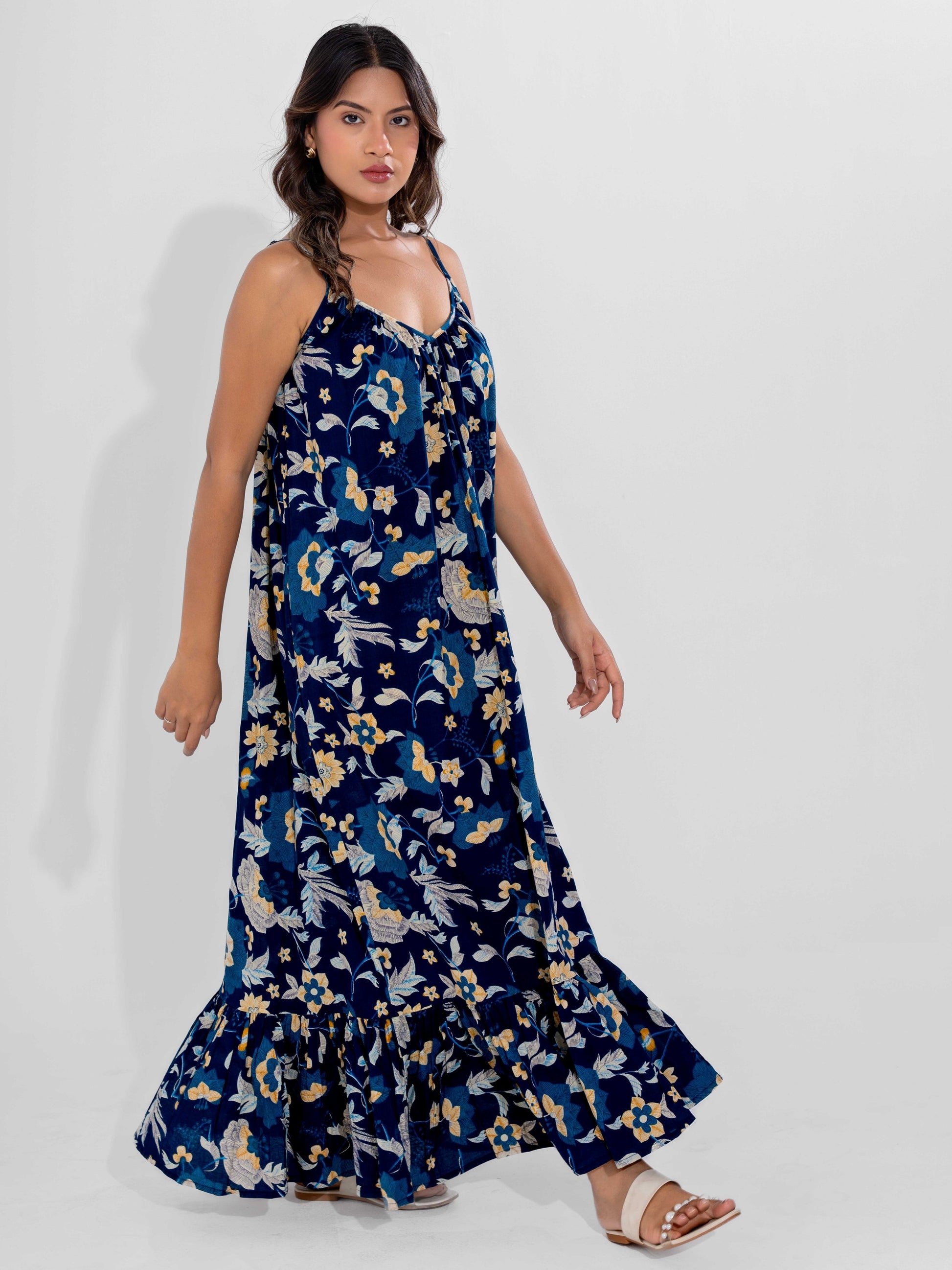 Blue Flowy Pure Cotton Ghera Night Maxi