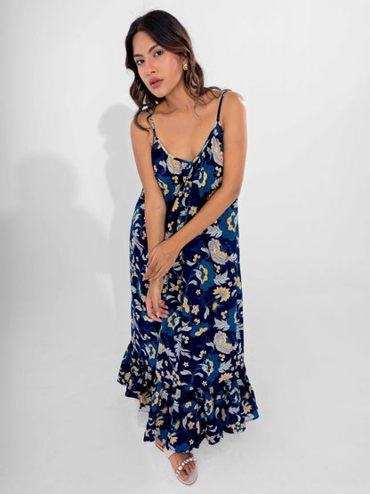 Blue Flowy Pure Cotton Ghera Night Maxi