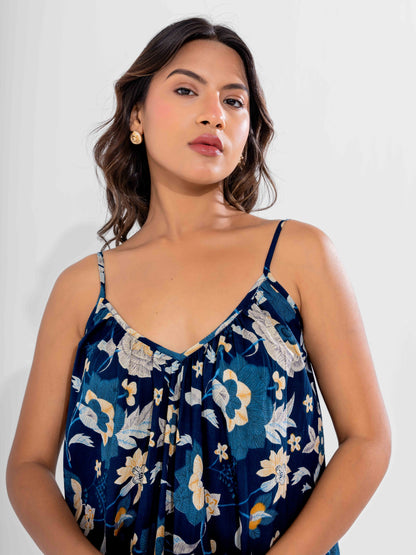 Blue Flowy Pure Cotton Ghera Night Maxi