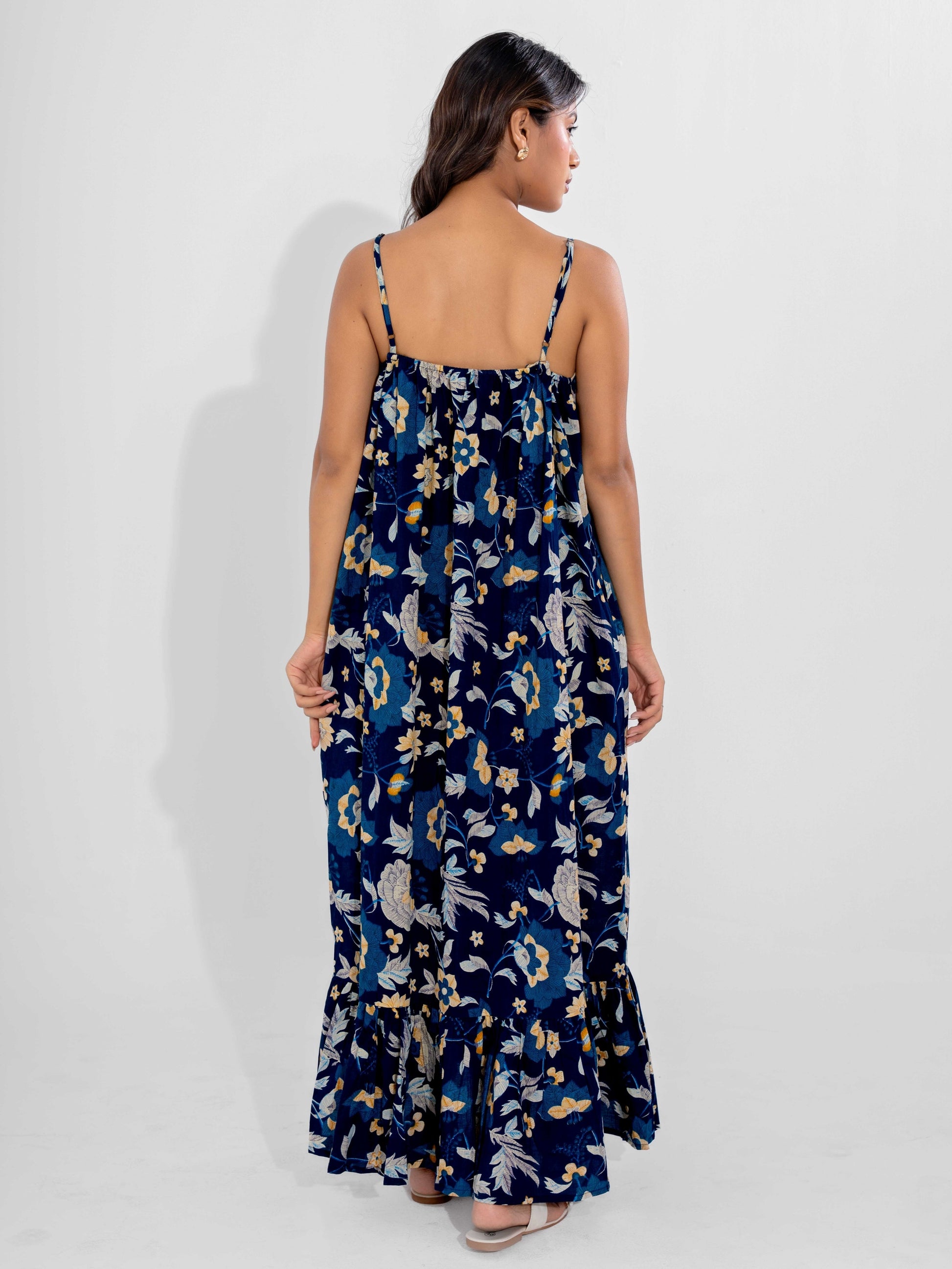 Blue Flowy Pure Cotton Ghera Night Maxi