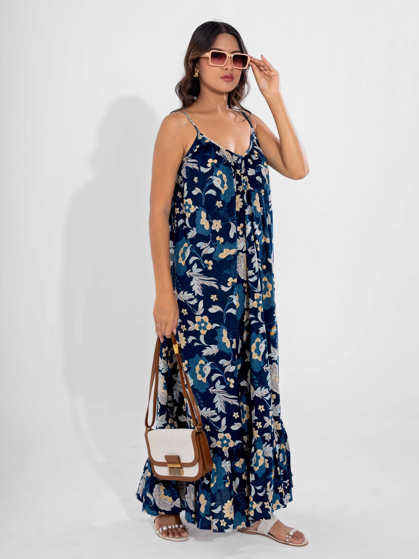Blue Flowy Pure Cotton Ghera Night Maxi