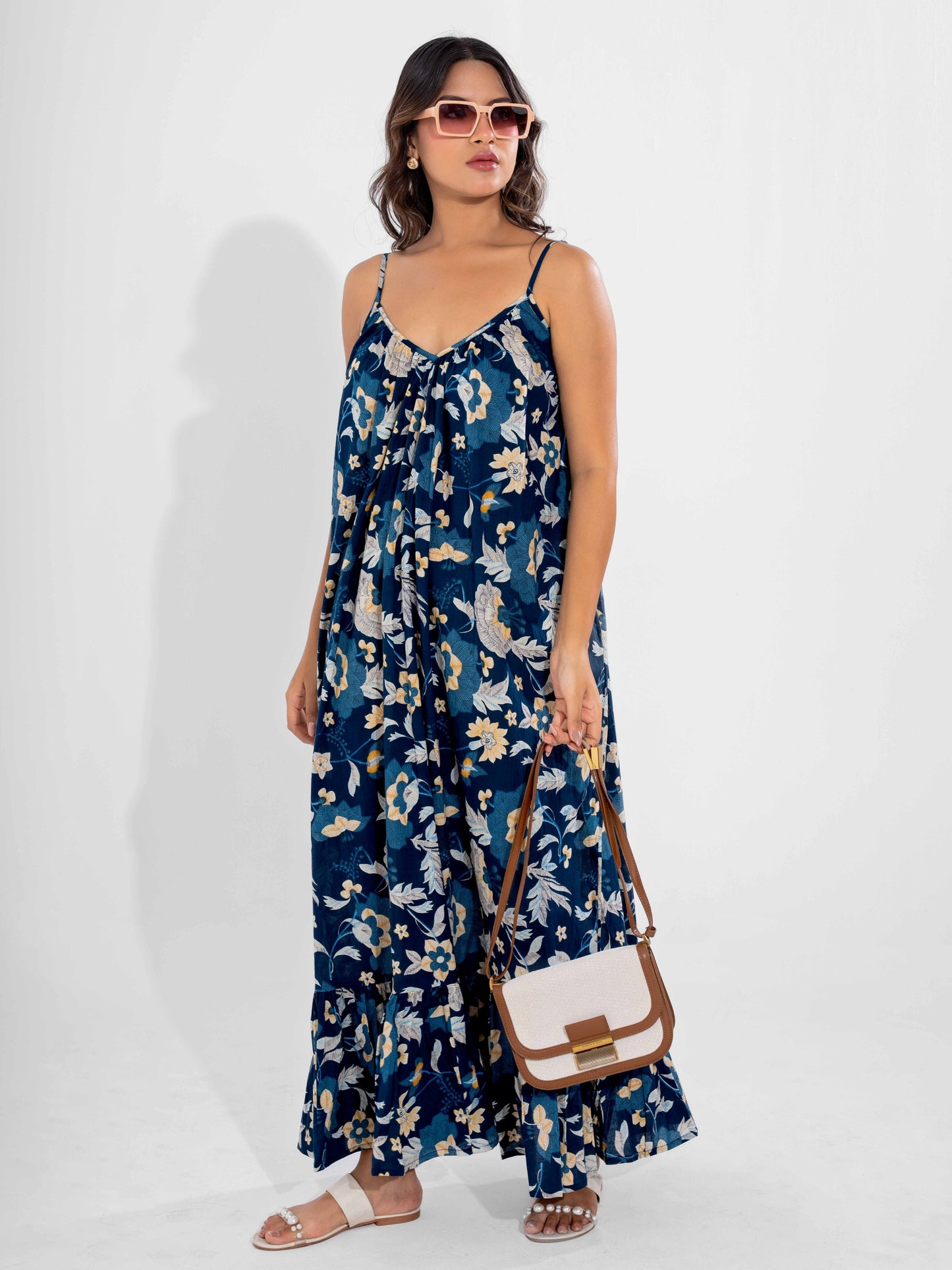 Blue Flowy Pure Cotton Ghera Night Maxi