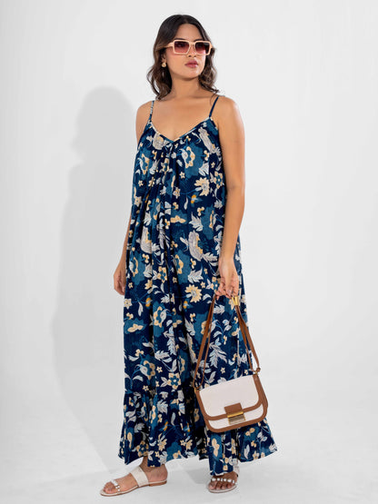 Blue Flowy Pure Cotton Ghera Night Maxi